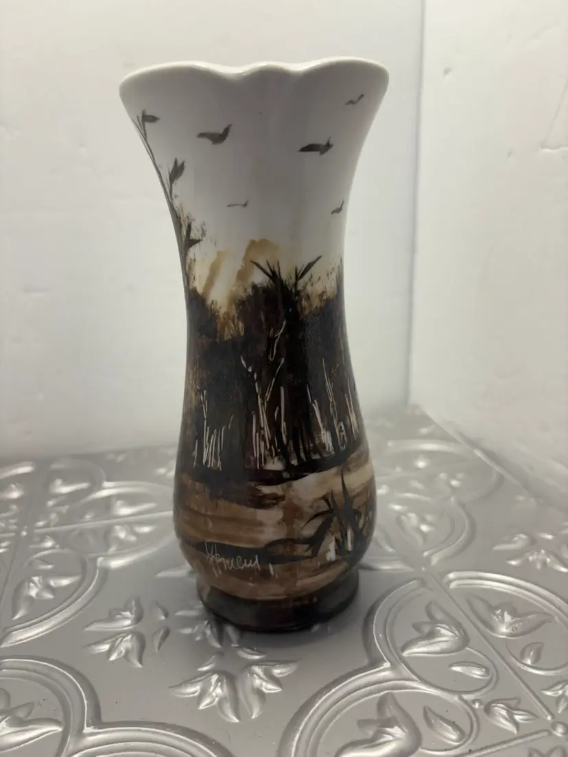 Vintage hand painted singed forest with birds vase