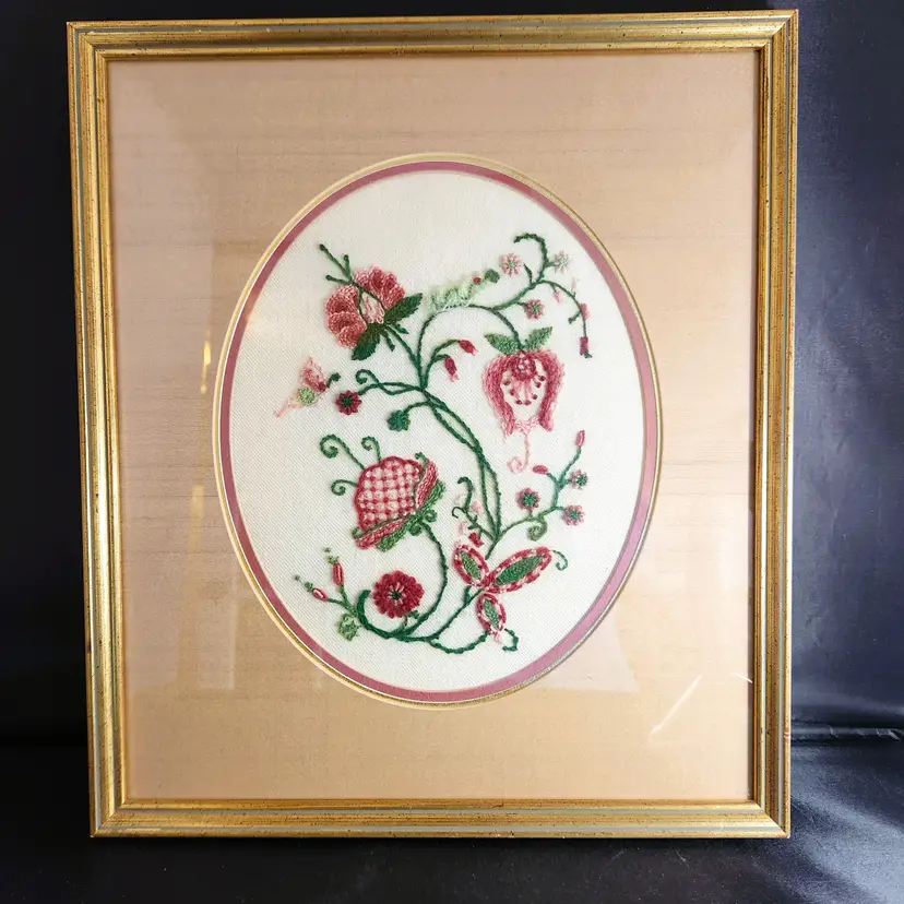 13" x 15" Floral Crewel Embroidery Picture Custom Framed Gold Frame Triple Mat Pinks Greens Burgundy Gallery Wall Artist Made OOAK - USA