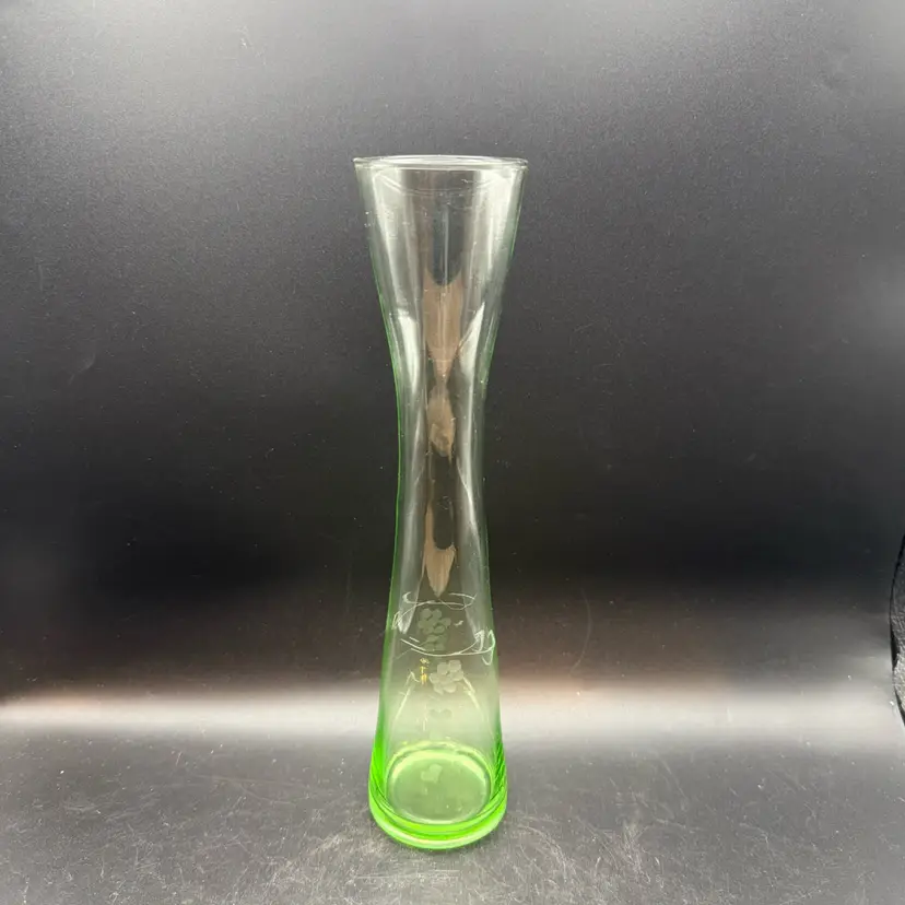 Vintage Green Depression Glass Vase With Etched Grapes/Floral Motif - 9 1/2 In