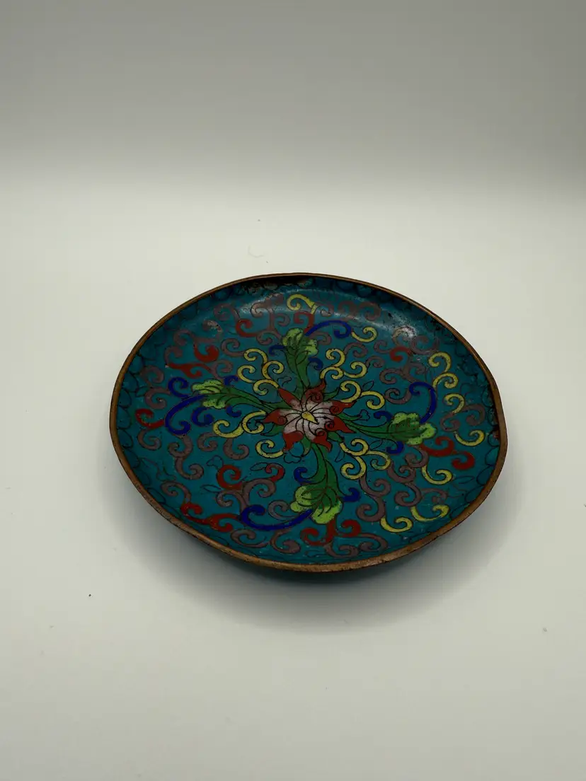 Vintage Chinese Cloisonné 3.75" Brass Enamel Plate Cloisonne