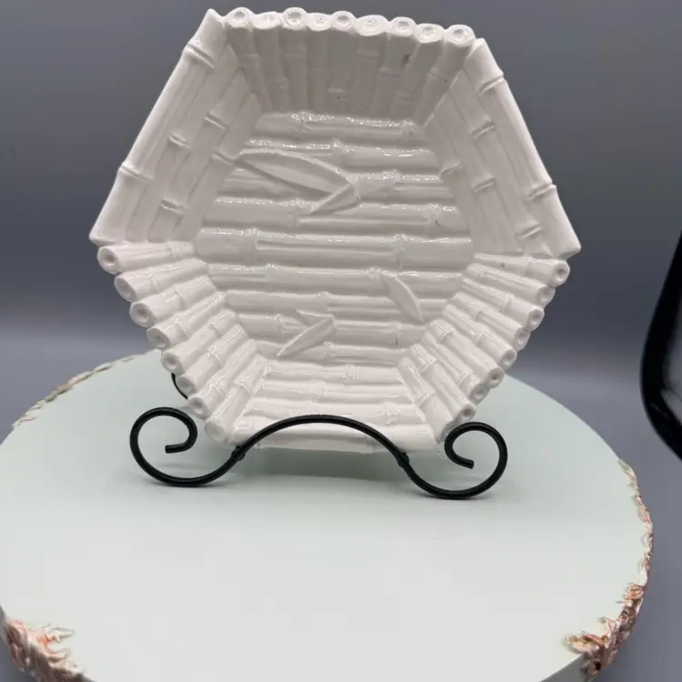 Vintage Fitz & Floyd White Ceramic Bamboo Hexagonal Trinket Dish 7.25" W x 7.25" D x 1" H