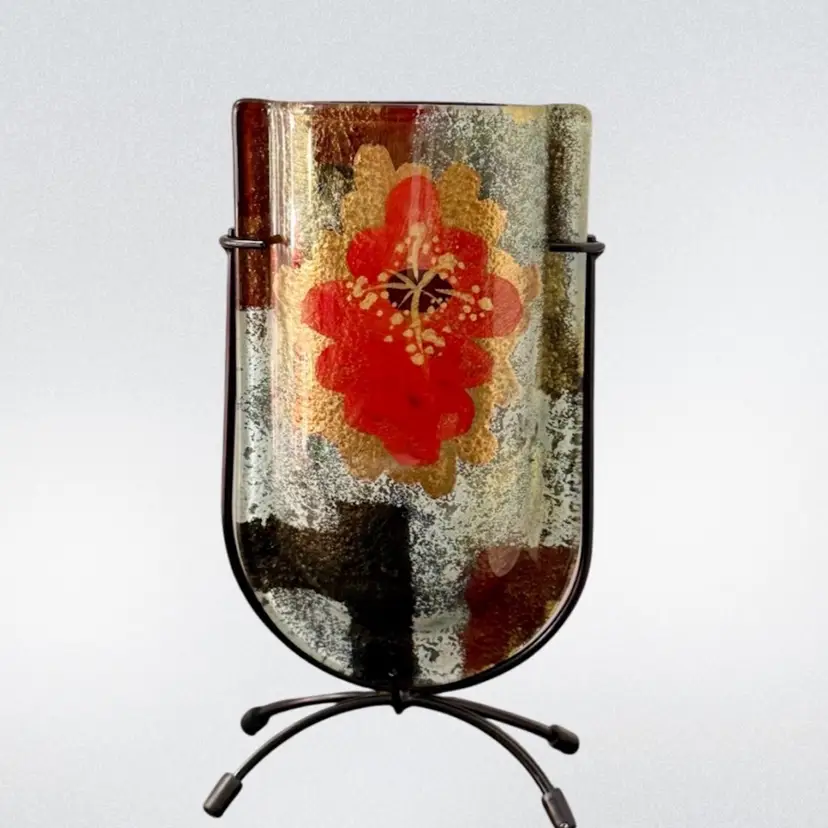 OOAK Jasmine Art Glass Vase U Shaped Hand Painted Geometric Floral Metal Stand 9.25" x 4.5"