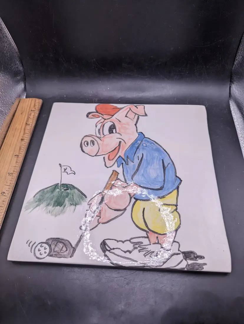 Vintage Cartoon Pig Golfer Ceramic Tile Art Signed