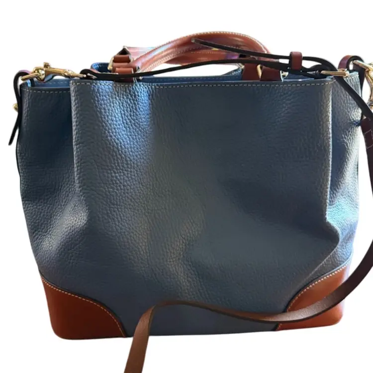 Dooney & Bourke Pebble Grain Leather Blue/Tan Brenna Crossbody/Satchel  Magnetic Closure Modern 12”L x 10” T x 6” W