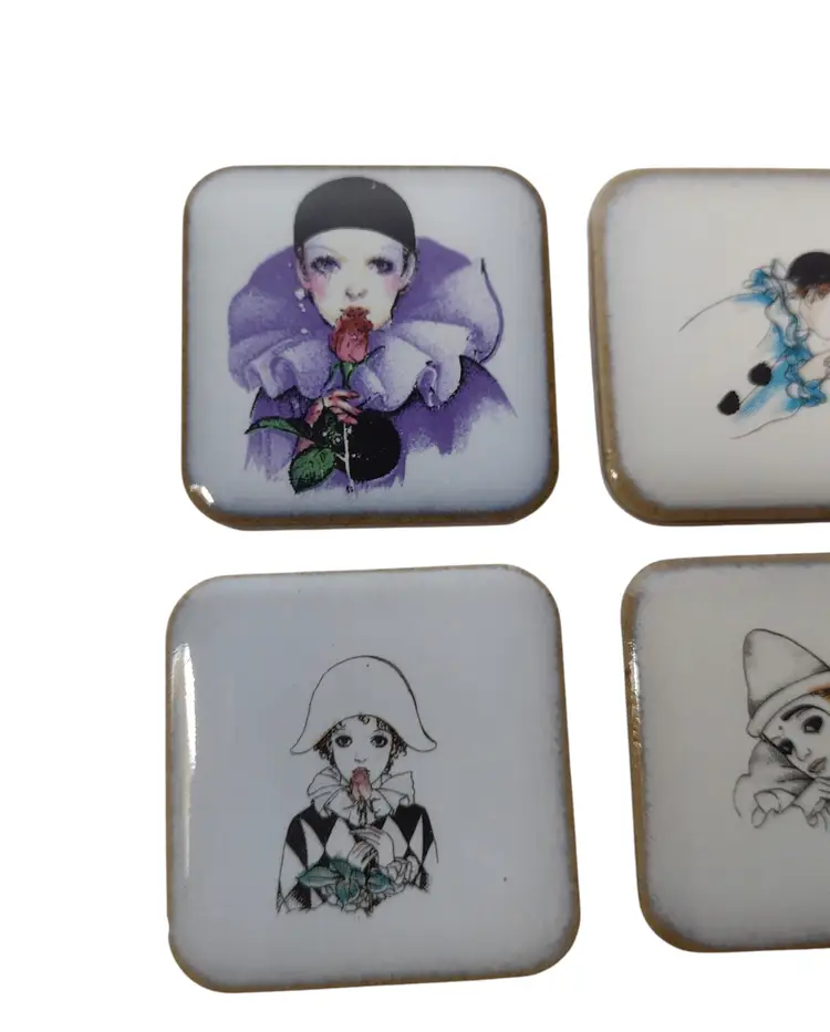 Pierrot Harlequin Mime Ceramic Tile Refrigerator Magnets Set of 4 Art Deco