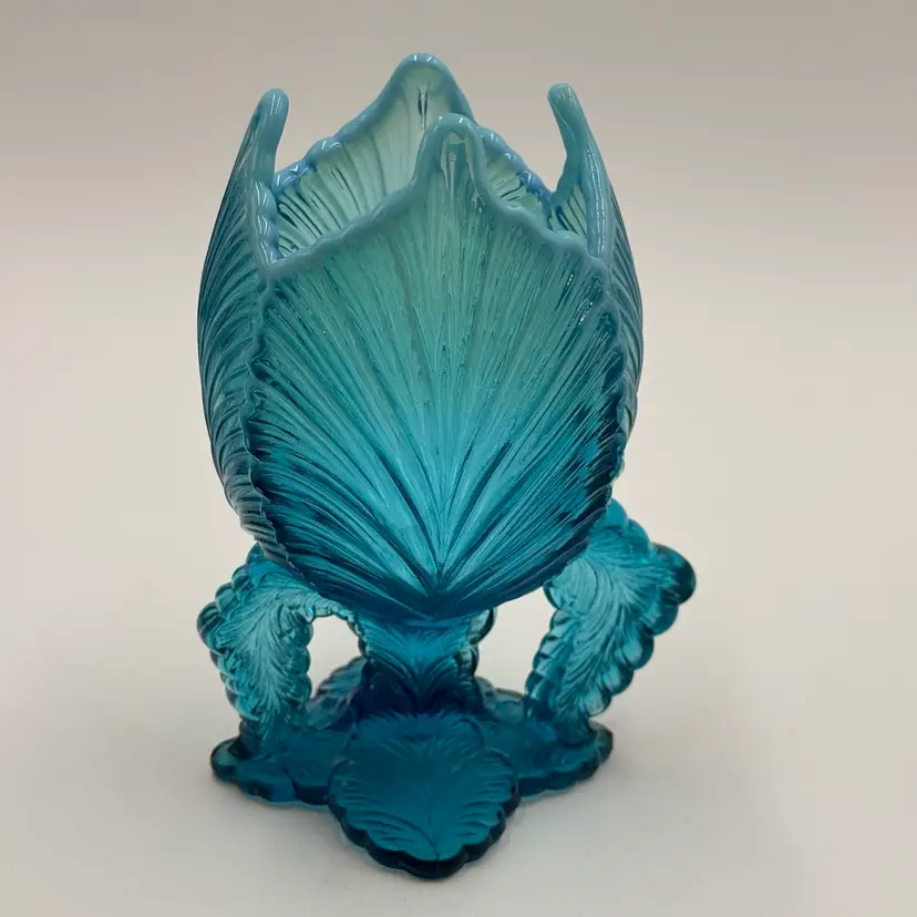 Antique Blue Glass Opalescent Rim Inverted Fan & Feather Chalice Vase
