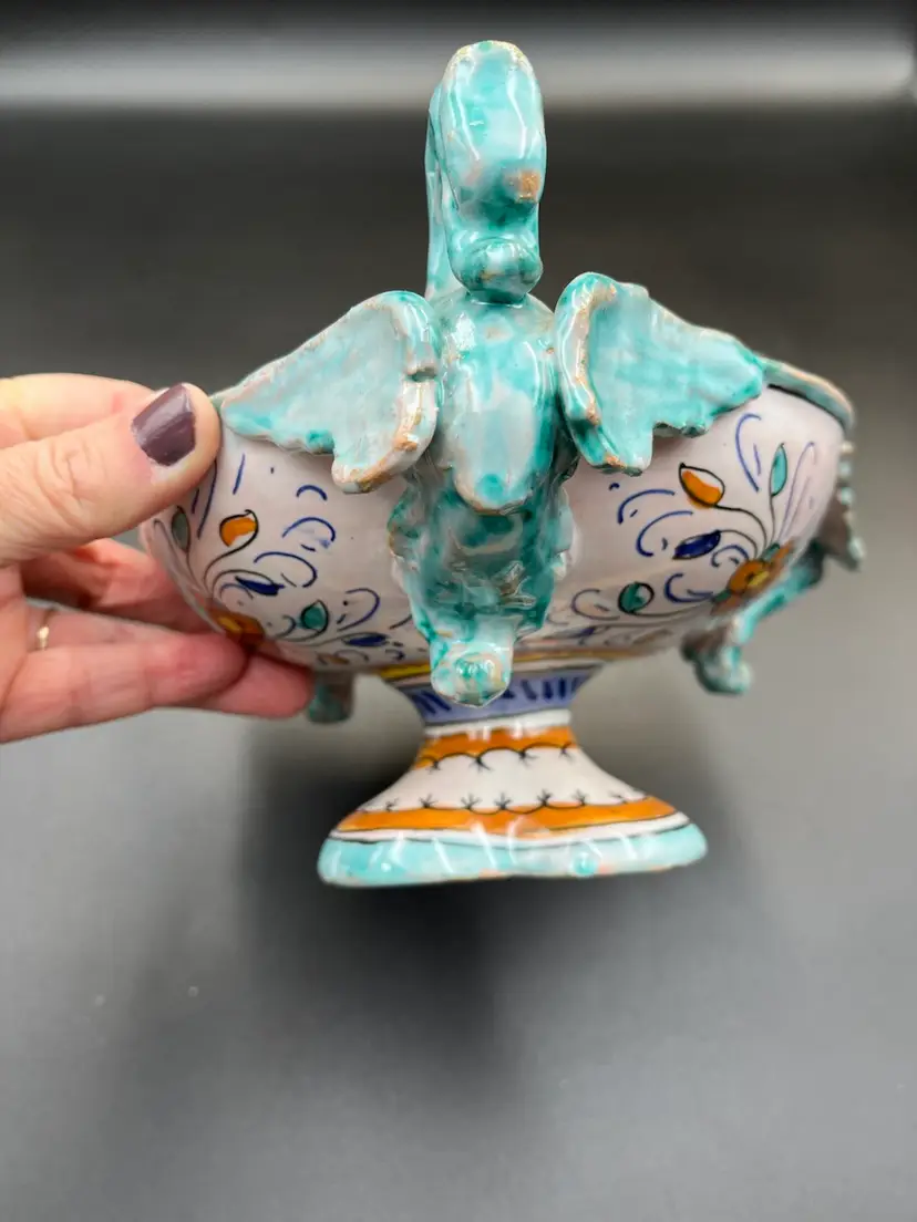 Italian Majalica Grotesque Dragon Pedestal Bowl