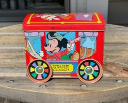 Vintage Disney Stage Coach Tin Container & Lid Made England Mickey Daisy 4.75" L