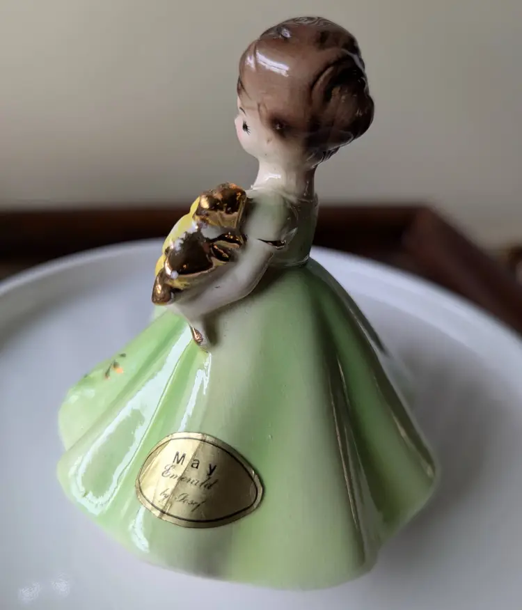 JOSEF ORIGINALS May Birthday Emerald FIGURINE Girl Green DRESS Flower Bouquet 4"