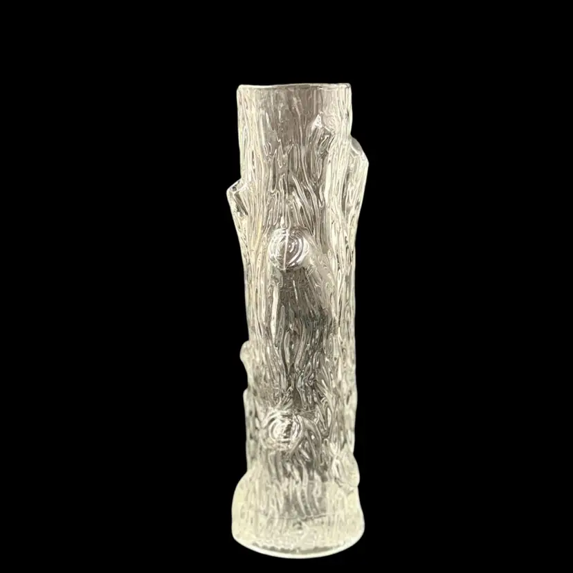 Vintage Clear Textured Bark Art Glass Cylindrical Vase  7”  Cristallin Italy