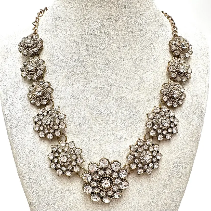 Rhinestone Floral Necklace Gold Tone 19”Bridgerton Inspired Jewelry