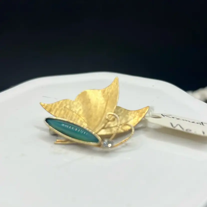 Vintage MCM , Krementz gold-filled butterfly brooch with faux jade. Bug Insect