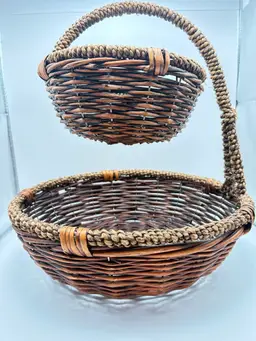 Vintage 2 Tier Wicker Fruit Basket Coil Weave Design