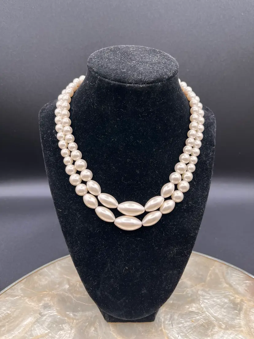 #15 Double Stranded Faux Pearl & Silver Tone Metal Hook Clasp With Extender Chain Choker Necklace 8.5”