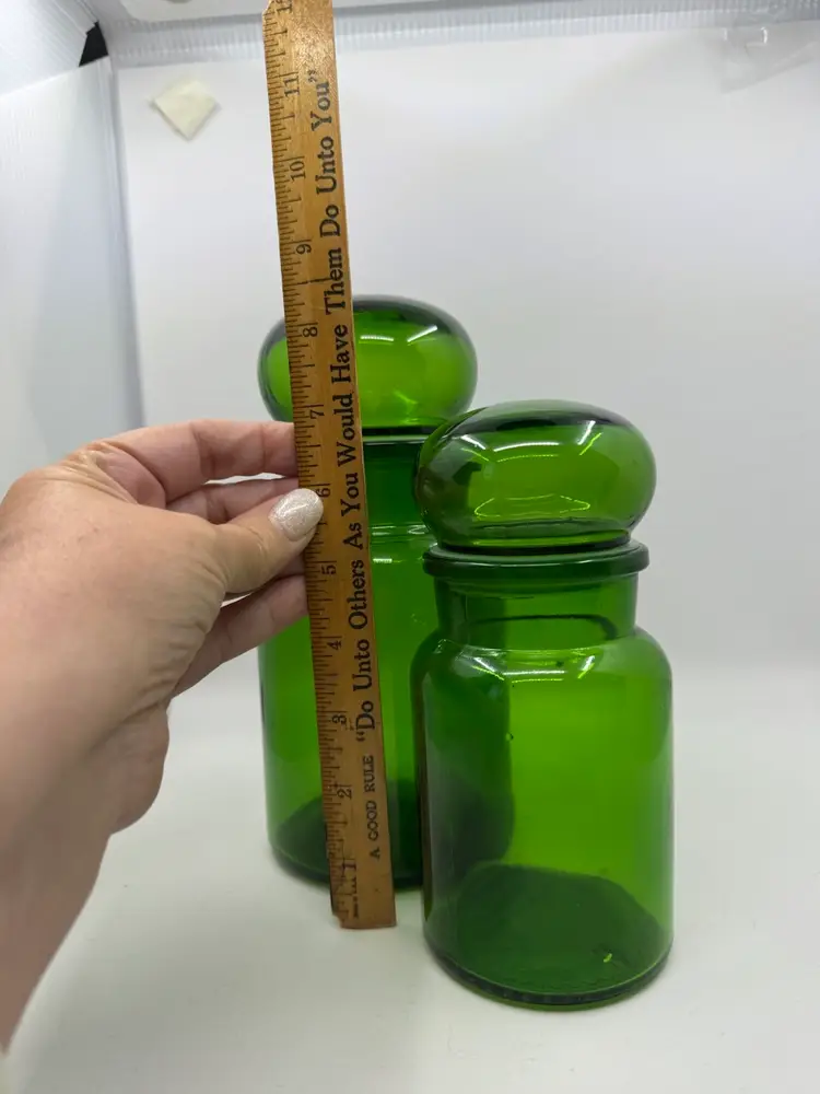 Set of 2 Vintage green glass apothecary jars with bubble lids, made in Belgium