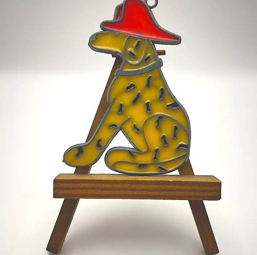 Vintage, Stained Glass/Metal Suncatcher, DOG, Dalmatian Wearing Fireman Helmet