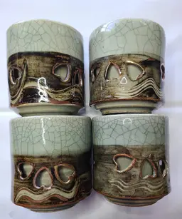 (4) Vintage Otagiri Somayaki Green Crackle Glaze Double Wall Tea Cup Soma Ware