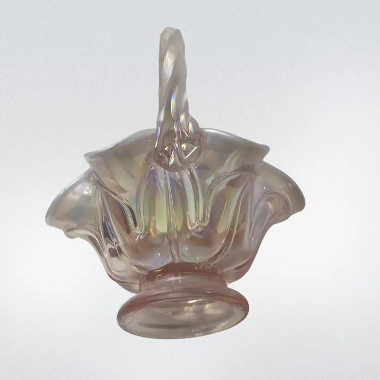 Fenton 6” Basket Lambs Tongue Iridescent Opalescent Pink Champagne Ruffled Edge Twisted Satin Handle
6” T x 5” W