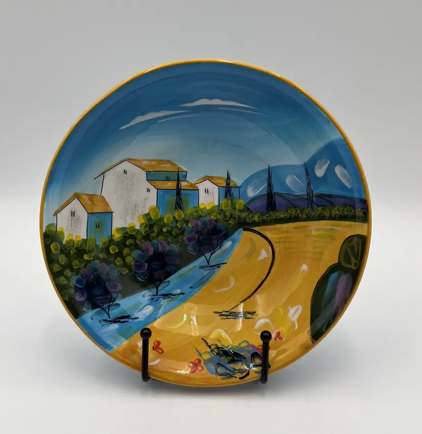 Hand Painted Ceramic Bowl Italian Countryside - Yellow Blue Nature Mountains