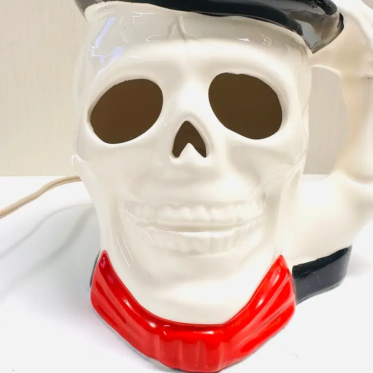 Vintage Skull Lamp Black Top Hat Red Bow Tie Ceramic Halloween Decor Made in Taiwan