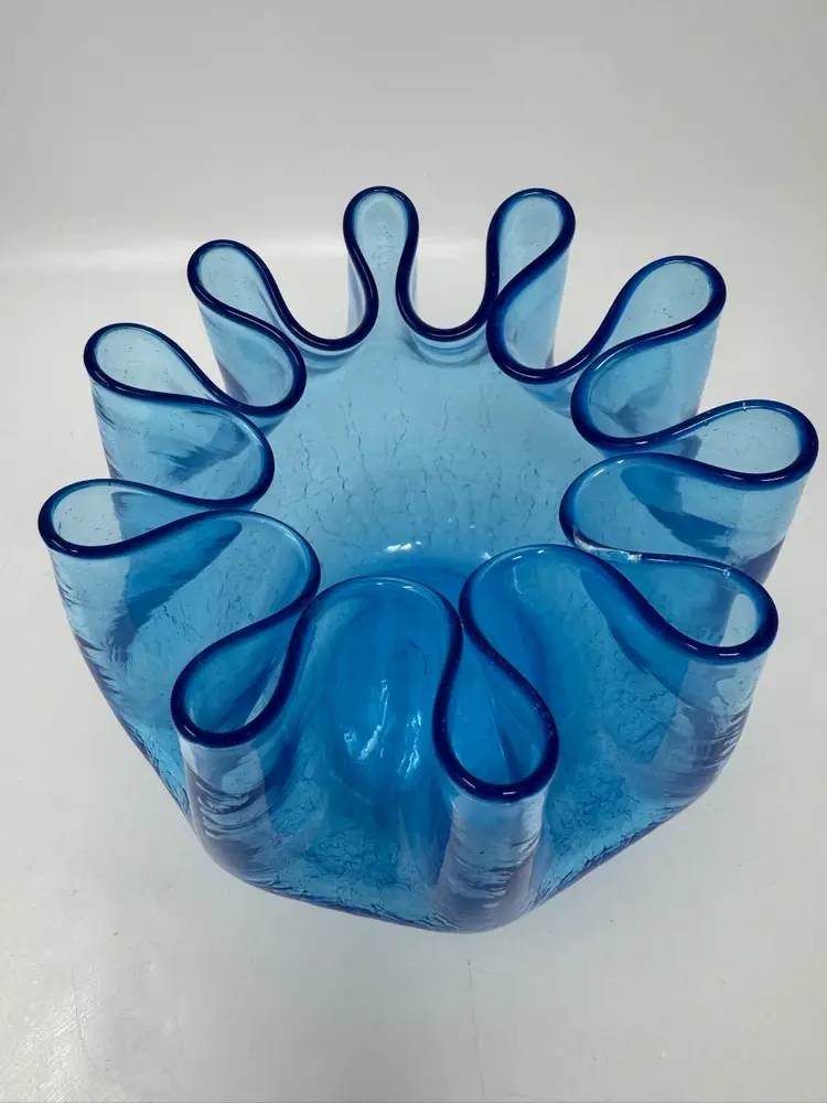 Vintage Hand Blown Pilgrim Art Glass Blue Ruffled Rim Crackle Vase