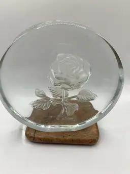 Viking Clear Glass with Etched Rose Paperweight with sticker