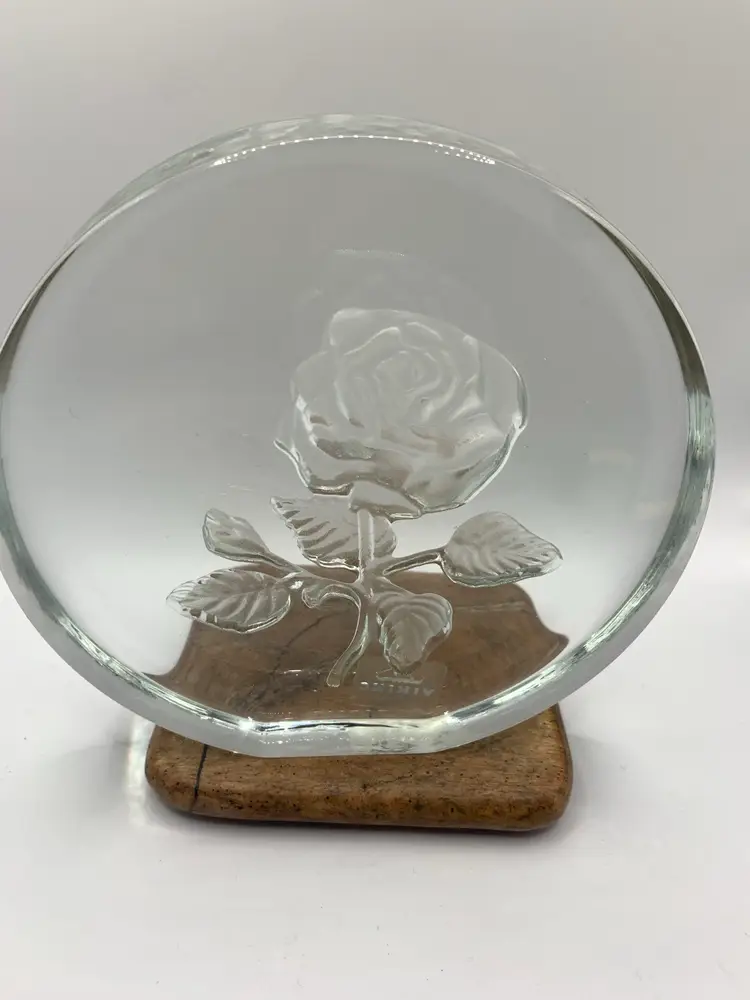 Viking Clear Glass with Etched Rose Paperweight with sticker