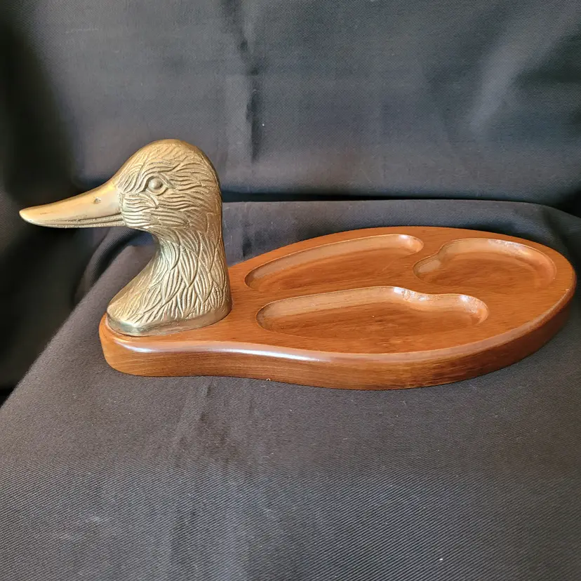 Vtg Vallet Tray Brass Duck Head Divided Wooden Compartments Catch All 9.75 in