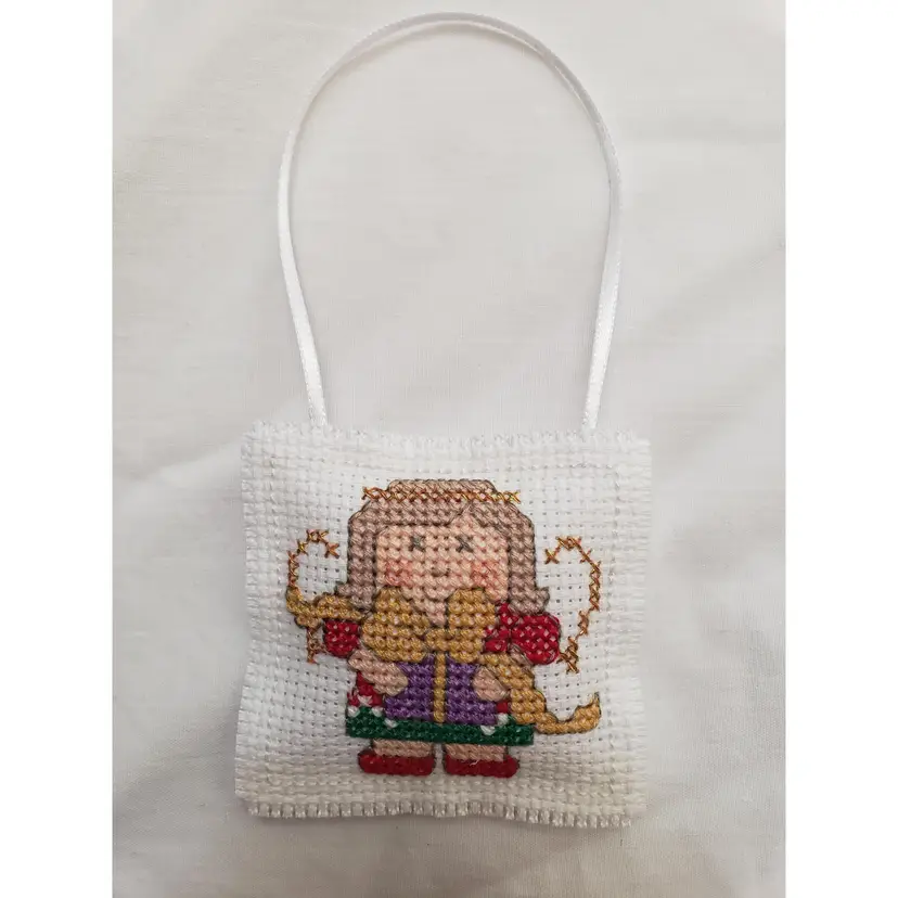 New Cross-stitched Angel With Gift Christmas Ornament