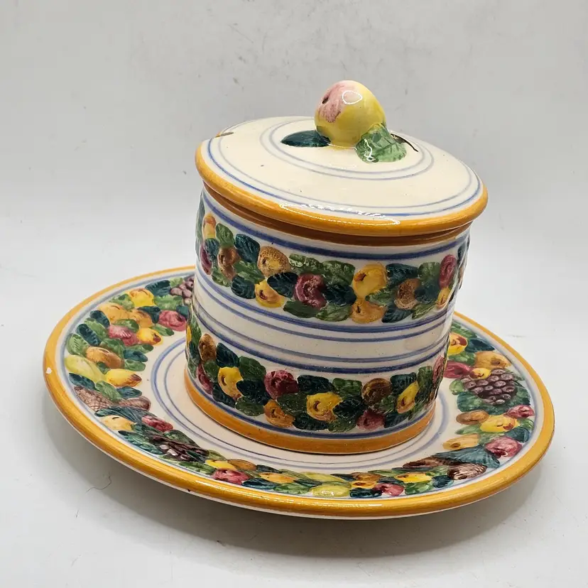 Nova Robbia Italy Condiment jam Jar with plate mojolica vintage estate find