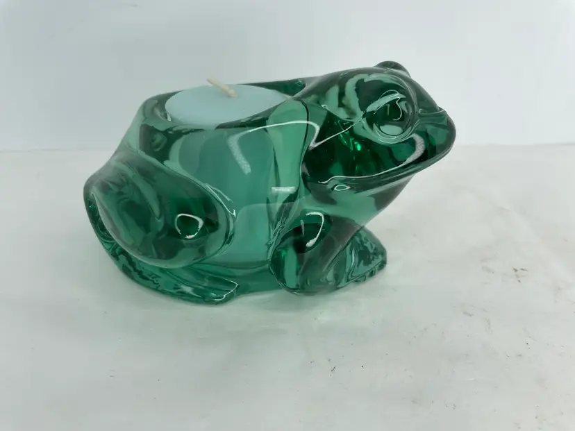 Vintage Indiana Glass Green Frog Figurine Tea Light Votive Candle Holder Heavy