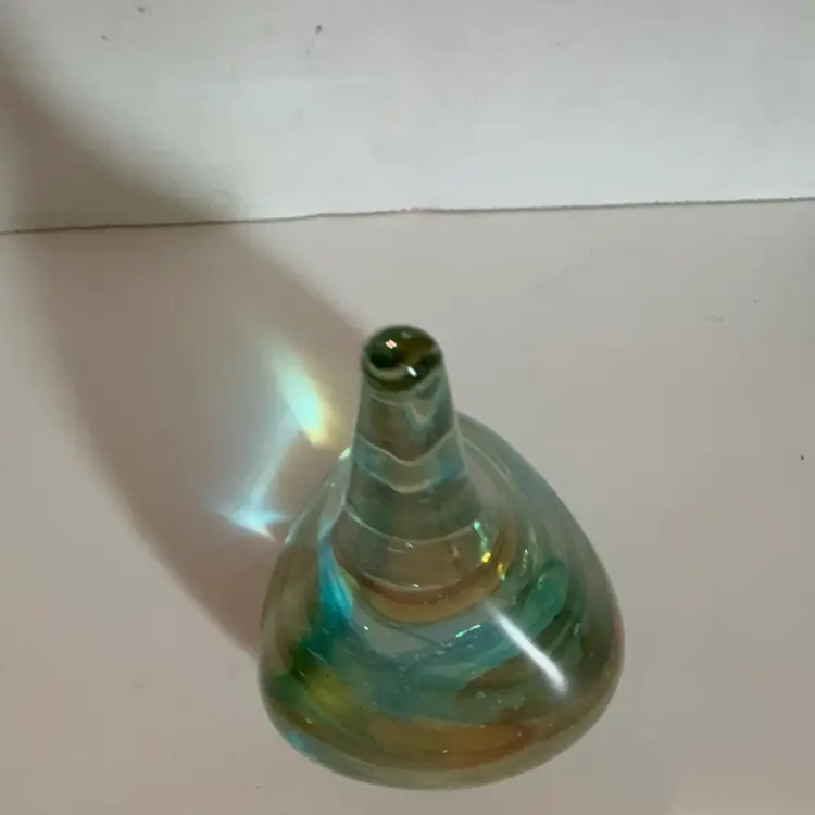 Teardrop Art Glass Paperweight Green And Brown Swirl In Clear Glass 6”x3”