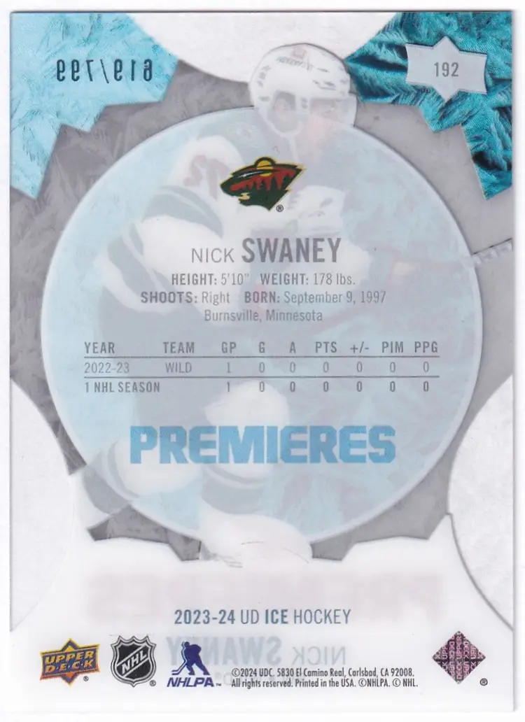 2023-24 Upper Deck Ice #192 Nick Swaney RC Minnesota Wild Hockey Card