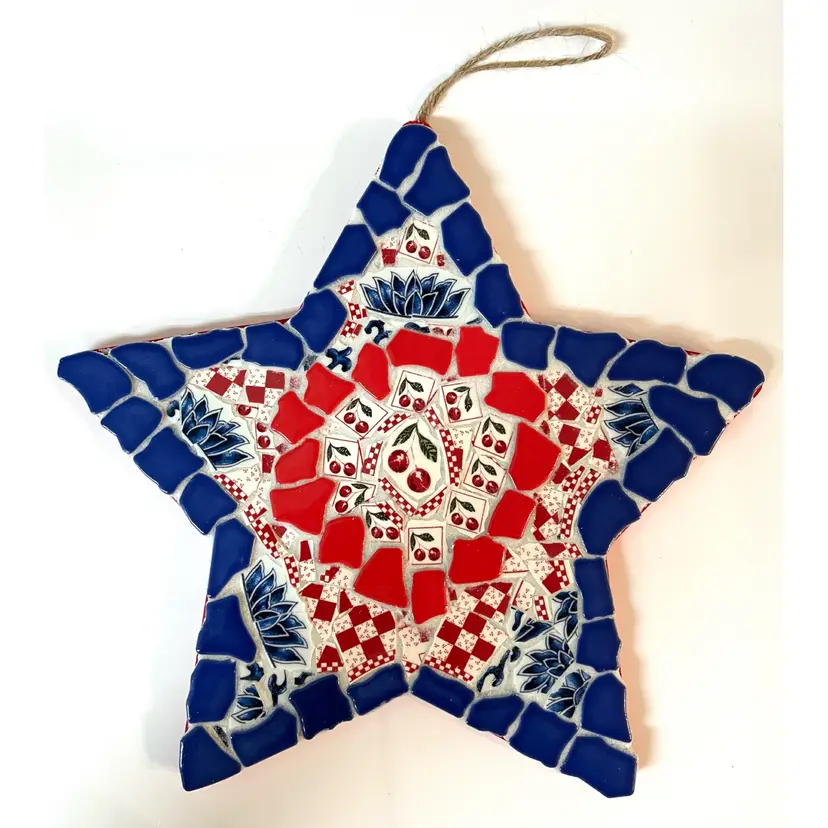 Handmade Mosaic Glass & Broken China Patriotic Red White & Blue Star Wall Decor 12 in Length