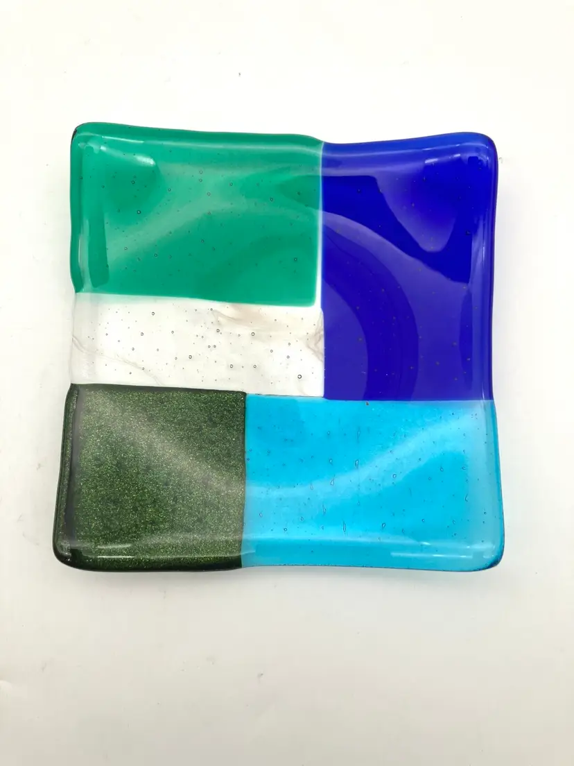 BIN - Fused Glass Green And Blue Color Block Trinket Dish