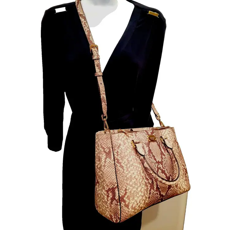 Michael Kors Kellen Snake Python Embossed Leather Tote Satchel Purse Medium in Sand Brown