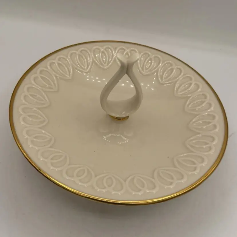 Vintage Lenox China Venus Collection Footed Trinket/ Candy Dish With Center Handle, Embossed Hearts & 24K Gold Detailing