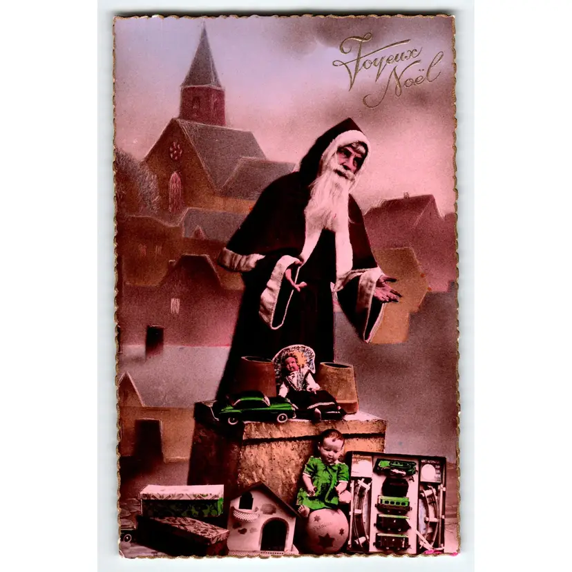Santa Claus Christmas Postcard Old World France Gel Church Toy Car Dolls Train