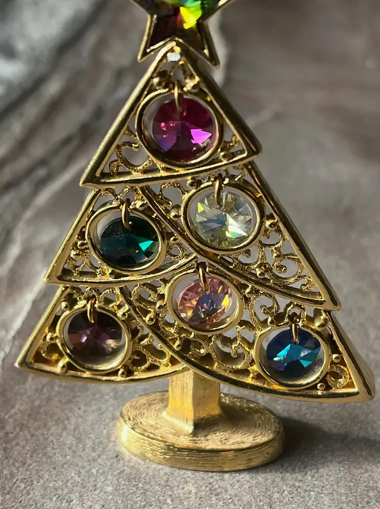 Standing Gold Metal Christmas Tree with Colored Plastic Crystals 3 inch