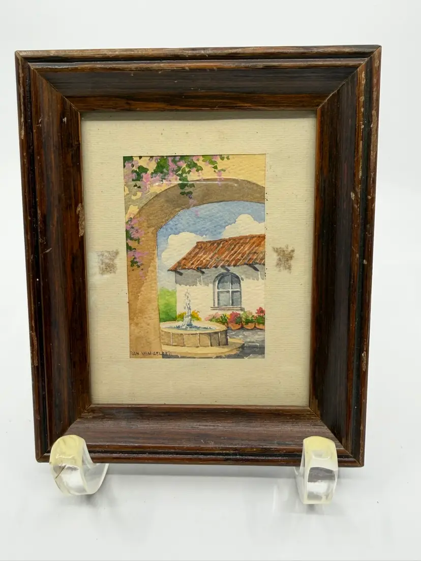 Vintage Miniature Watercolor Painting Dan Van Gelder Mediterranean Courtyard Scene