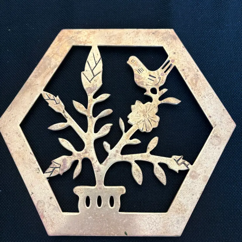 MCM Brass Hexagonal Trivet With Bird And Floral Design