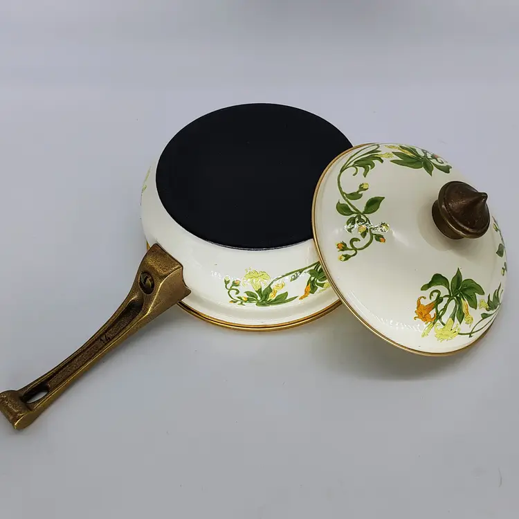 Vtg Asta Villroy & Boch Enamel 6in Sauce Pot w Handle Faux Brass Metal Hardware