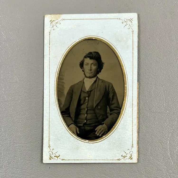 Antique Photo Portrait Tin Type Handsome Man With Beard Hair Suit Tintype