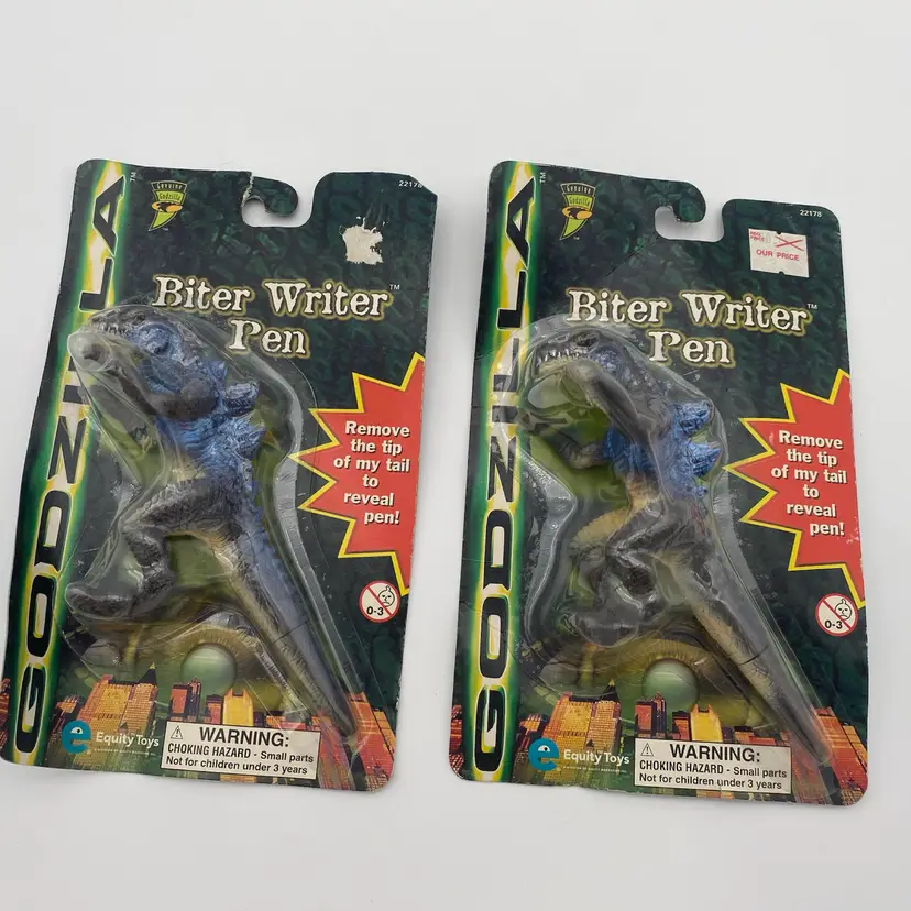 Godzilla Pair of Biter Writer Pens - New Old Stock 1998 Equity Toys
