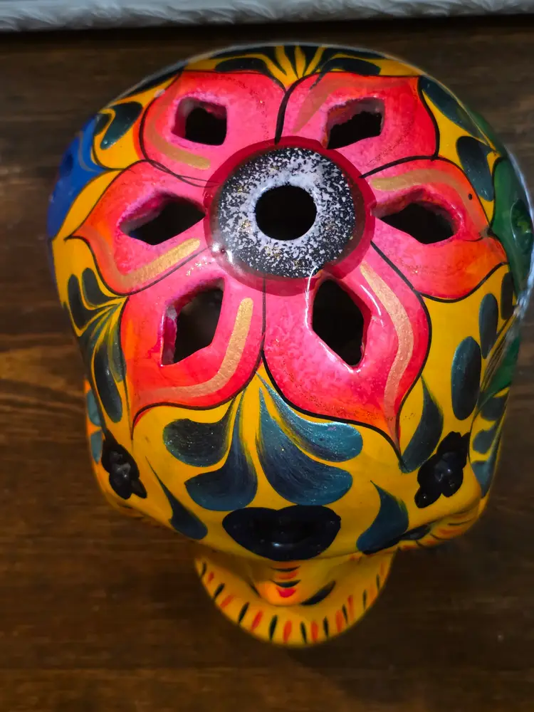 Large Day Of The Dead UV Glow Mexican Pottery Skull