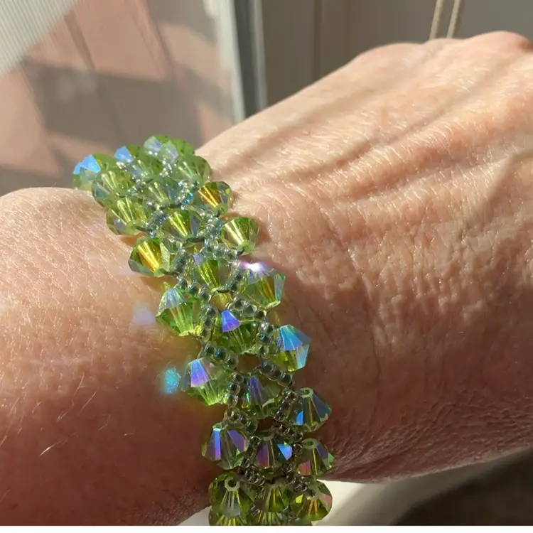 Green Swarovski Crystal Bracelet with Gold Filled Filagree Box Clasp Artisan Made 7.5”