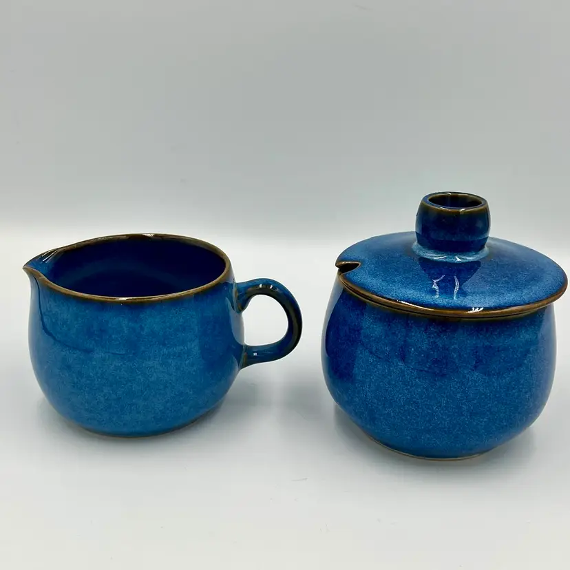 Denby Langley English Blue Creamer & Lidded Sugar Set Stoneware Discontinued