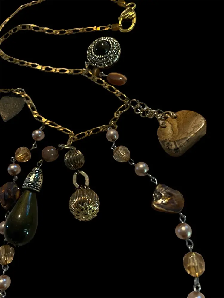 OOAK Artisan Gold And Brown Beaded Agate Stone Purse Charm 10K Necklace