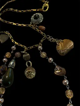 OOAK Artisan Gold And Brown Beaded Agate Stone Purse Charm 10K Necklace