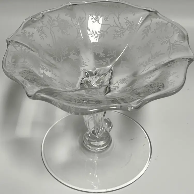 Fostoria Baroque Footed Compote with Chintz Print Etched in Bowl- 4.5” Tall, 5.5” Diameter